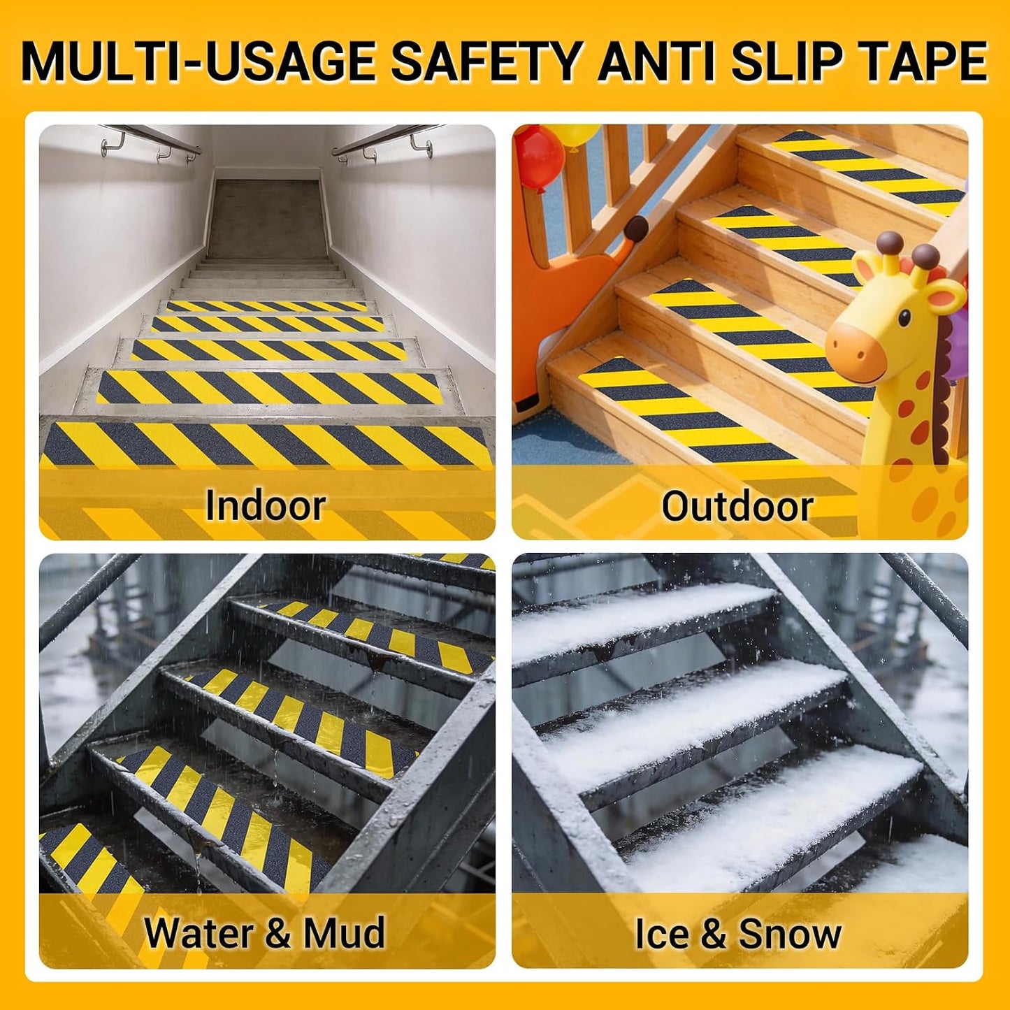 Anti Slip Tape, 4 Inch x 42 Ft Grip Tape for Stairs Outdoor/Indoor, Waterproof Non Skid Roll for Stair Treads Non Slip, High Traction Friction Abrasive Adhesive Stair Steps, Caution Yellow/Black