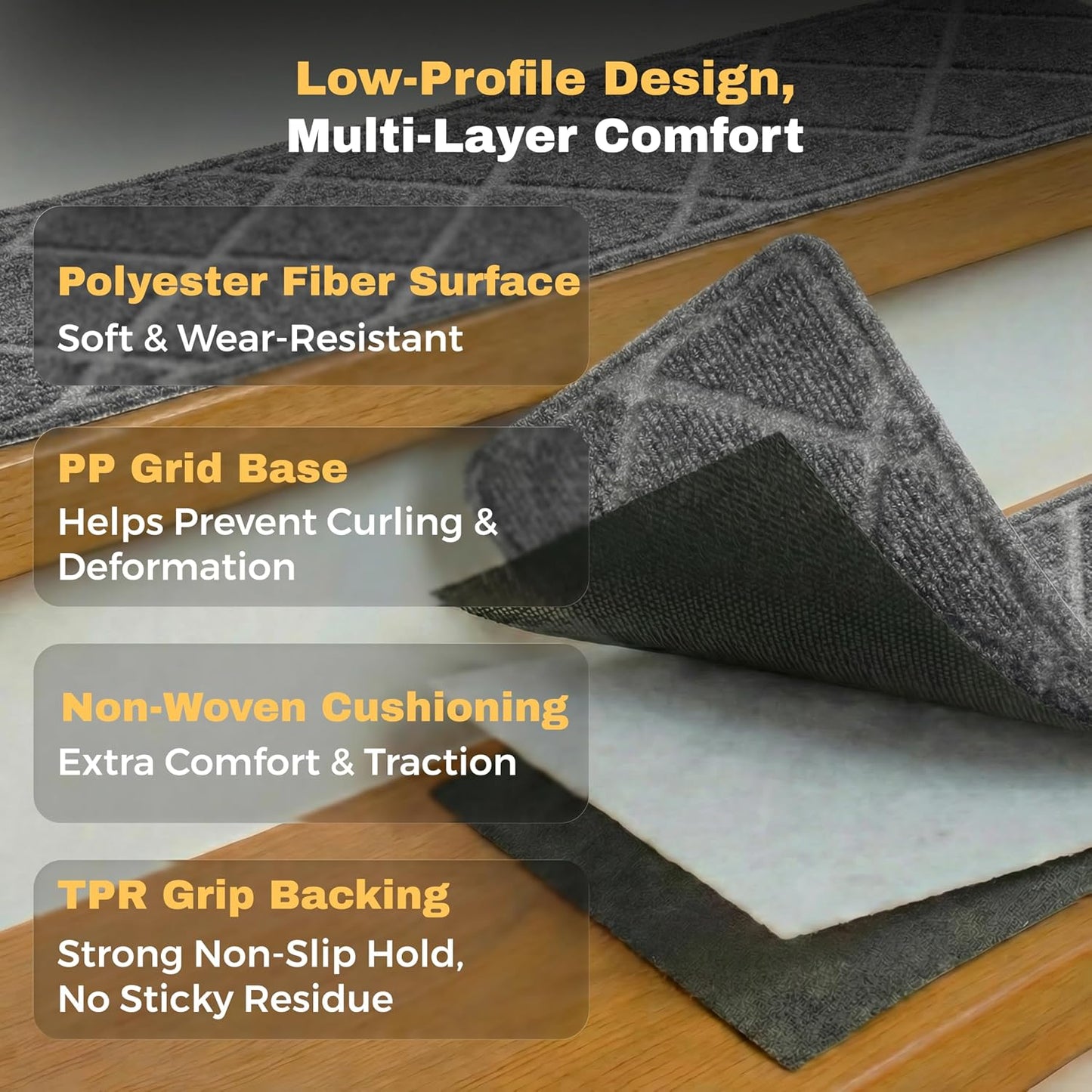 MBIGM 8" X 30" (15 in Pack) Non-Slip Carpet Stair Treads Non-Skid Safety Rug Slip Resistant Indoor Runner for Kids Elders & Pets with Reusable Adhesive - Dark Gray Diamond Weave