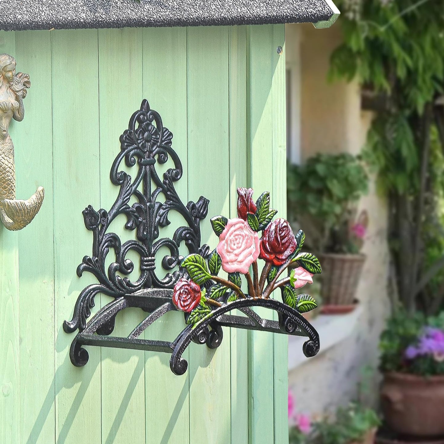 Sungmor Cast Iron Heavy Duty Garden Hose Holder - Decorative Hand-Painted Sunflower Wall Mounted Water Hose Hanger - Wall Decoration Hanging Hose Rack - Hose Reel Storage Butler - Metal Hose Stand