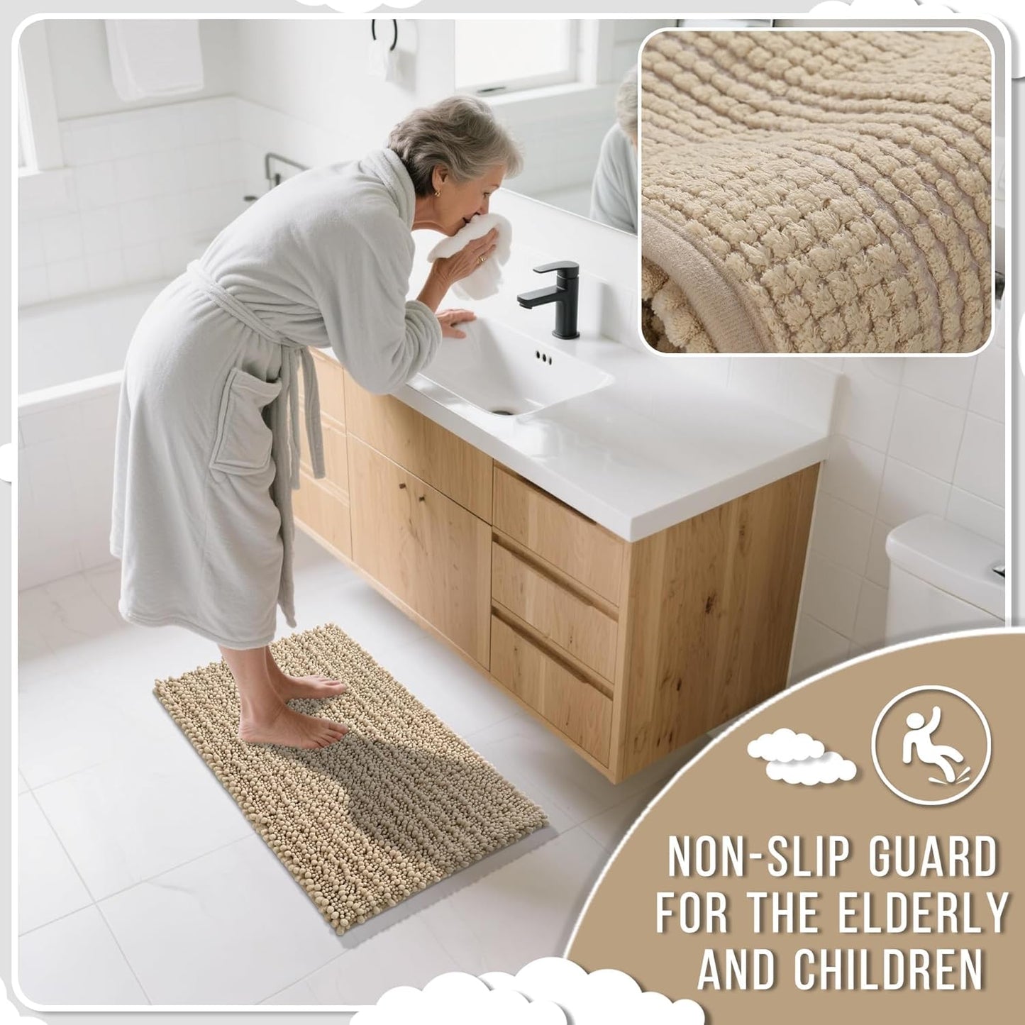 Yimobra Bathroom Rugs Non Slip Washable - Ultra Soft Absorbent Chenille Bath Mat, Quick Dry Shaggy Floor Carpet for Tub Shower, Gray Home Decor Accessories, 24x17 Inch