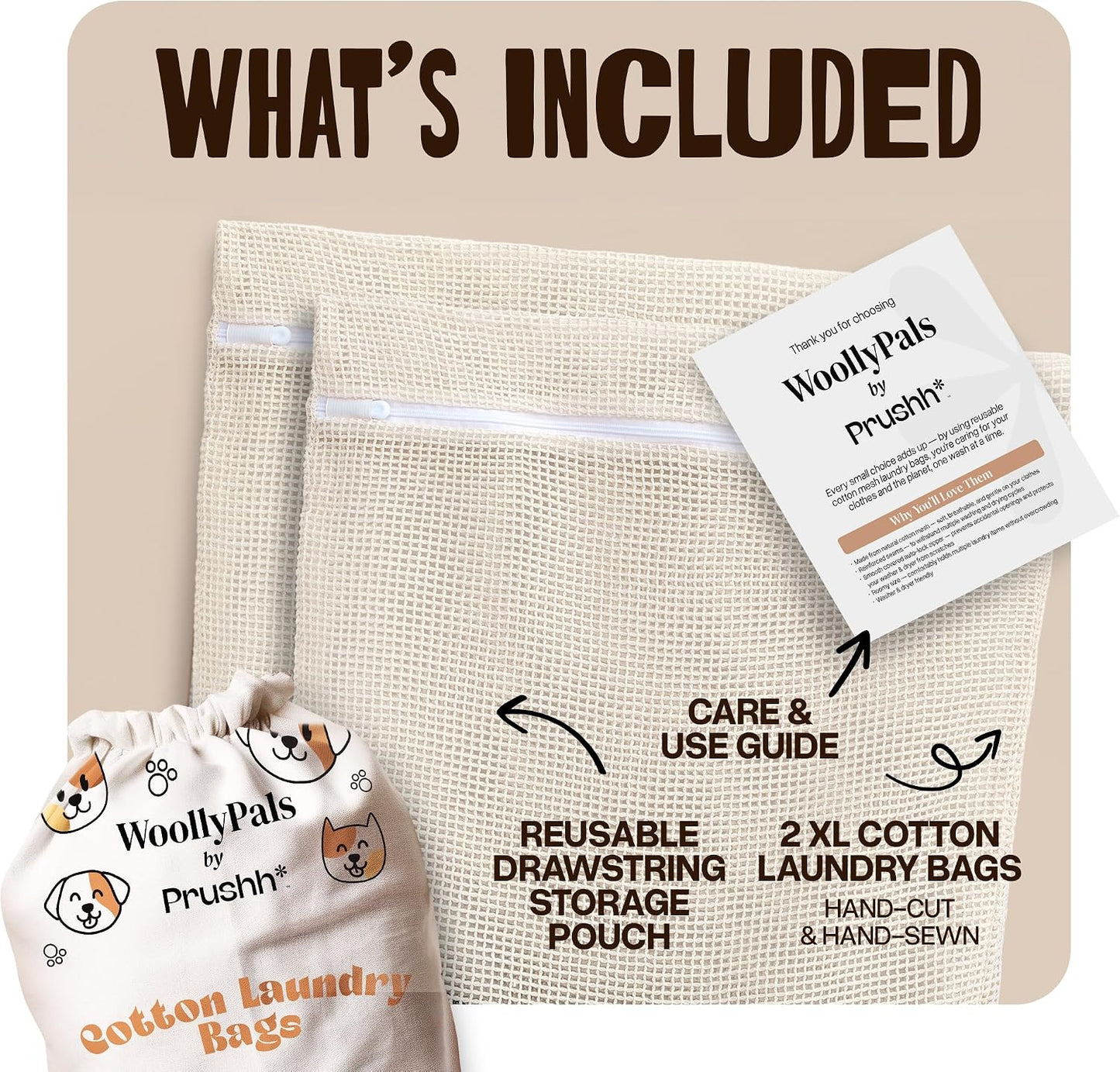 WoollyPals Large Cotton Mesh Laundry Bags (16" x 20") – 2-Pack with Drawstring Storage Pouch – Washer & Dryer Safe, Durable Zipper, Breathable Mesh for Clothes, Delicates, Underwear, Shoes & Lingerie