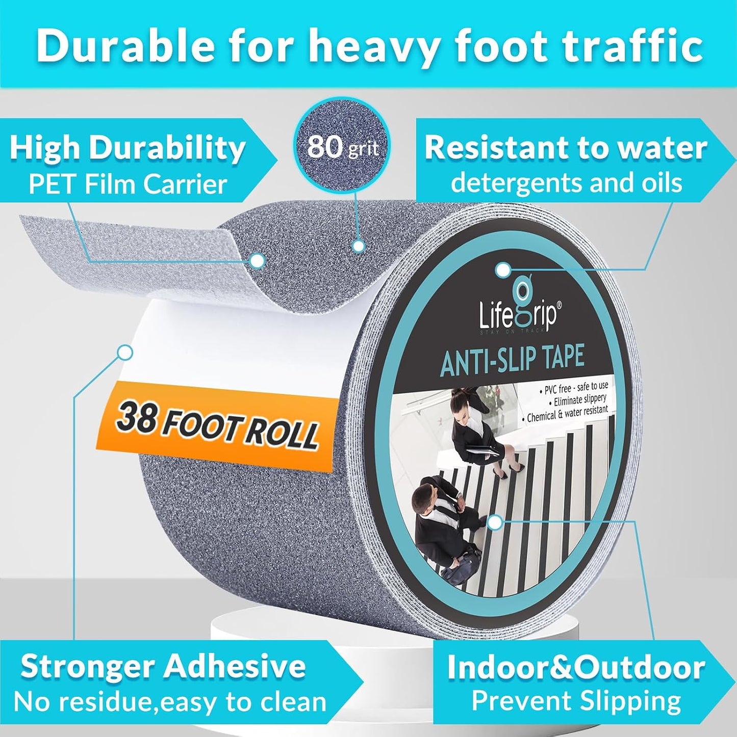 Lifegrip Anti Slip Tape, 4 Inch x 15 Foot Non-Slip Traction Grip Tape for Stairs, Waterproof Stair Treads Grip Non Slip, Non Skid Tape for Steps, Outdoor Black Grip Tape (4" X 15')