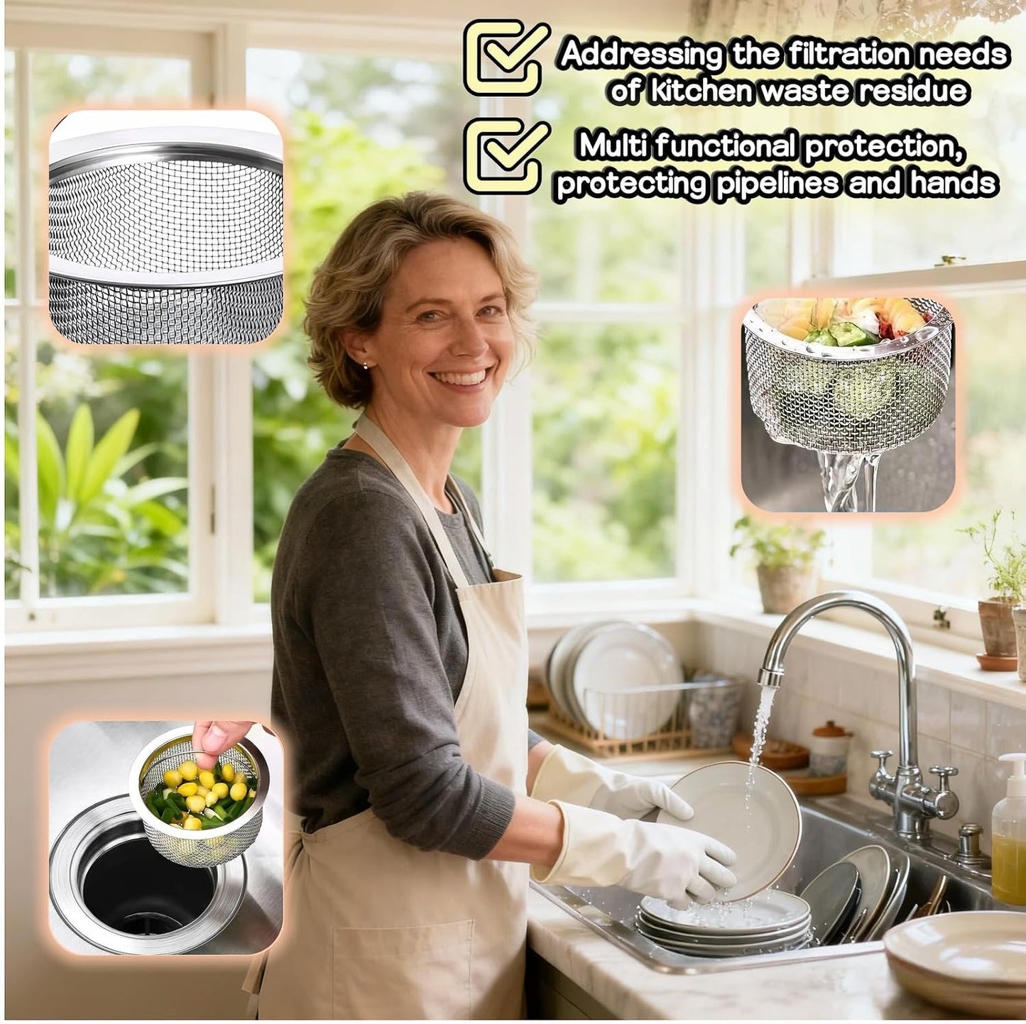 3" Kitchen Sink Strainer, 2-Pack Fine Mesh Basket - Catches Food Waste, Hair & Prevents Clogs, Rust-Proof Stainless Steel, Fits Standard Drain