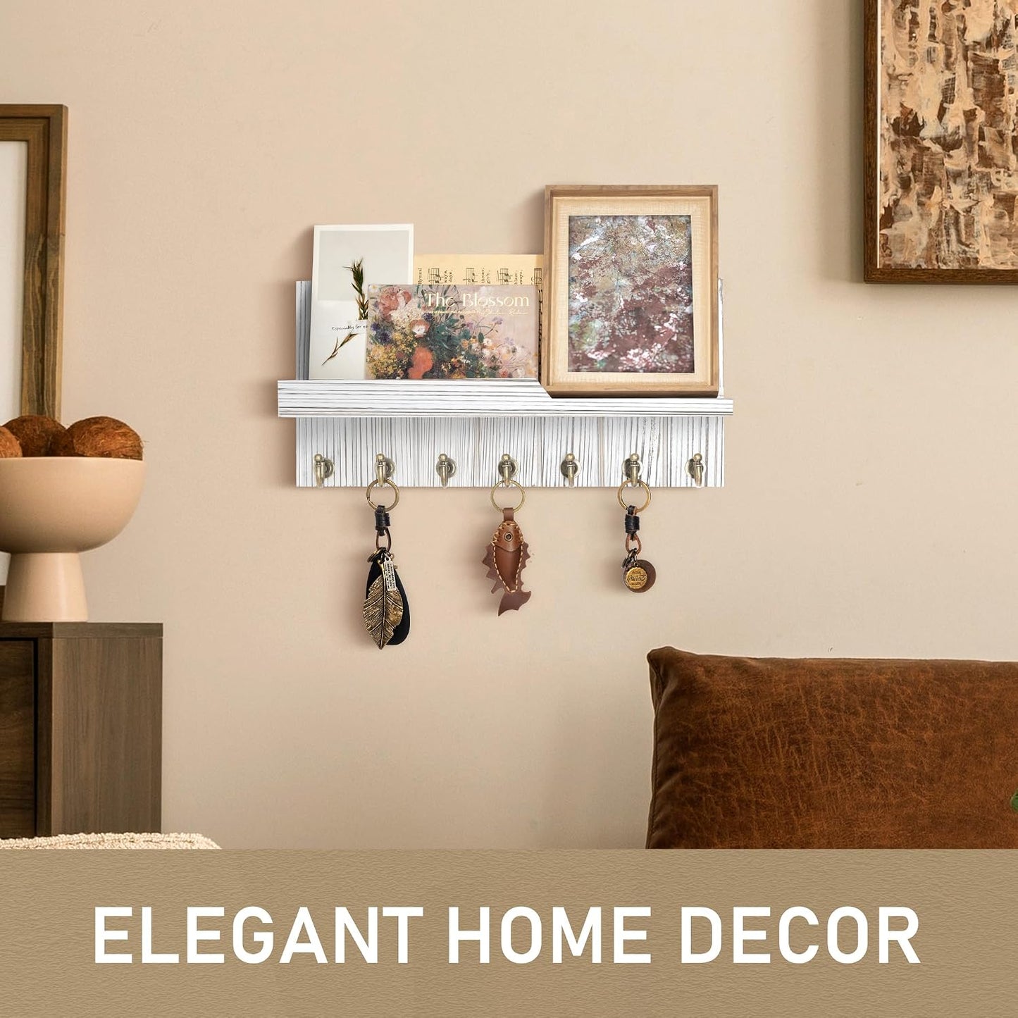 Rebee Vision Decorative Key Holder Wall Mount - Rustic Key Holder for Wall with Shelf and Mail Organizer for Living Room Decor - Home Essentials for Home Improvement (Brown, 3.54" x 10" x 7.28")