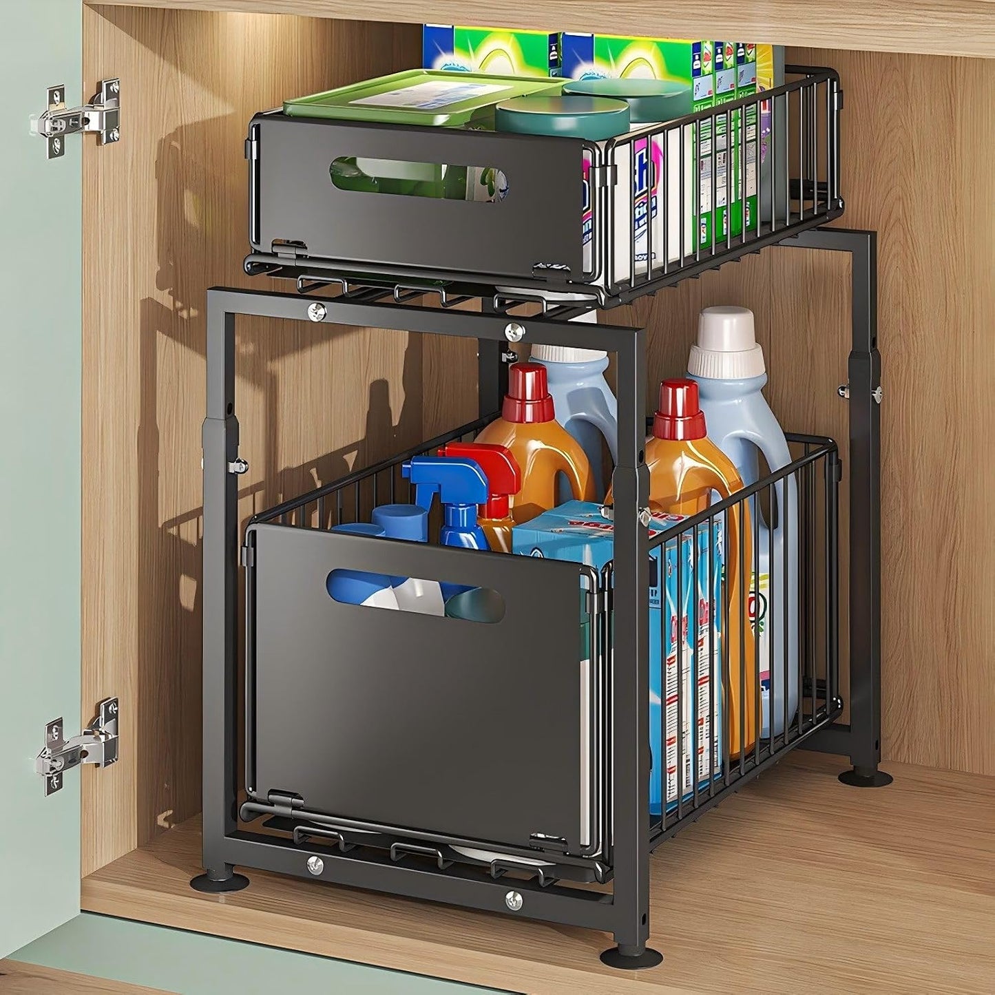 Under Sink Organizer, 2-Tier Multi-Use Kitchen and Bathroom Organizers and Storage, Slide Out Thickened Metal Under The Sink Organizer for Kitchen Bathroom Pantry (Style A White, 1 Pack)