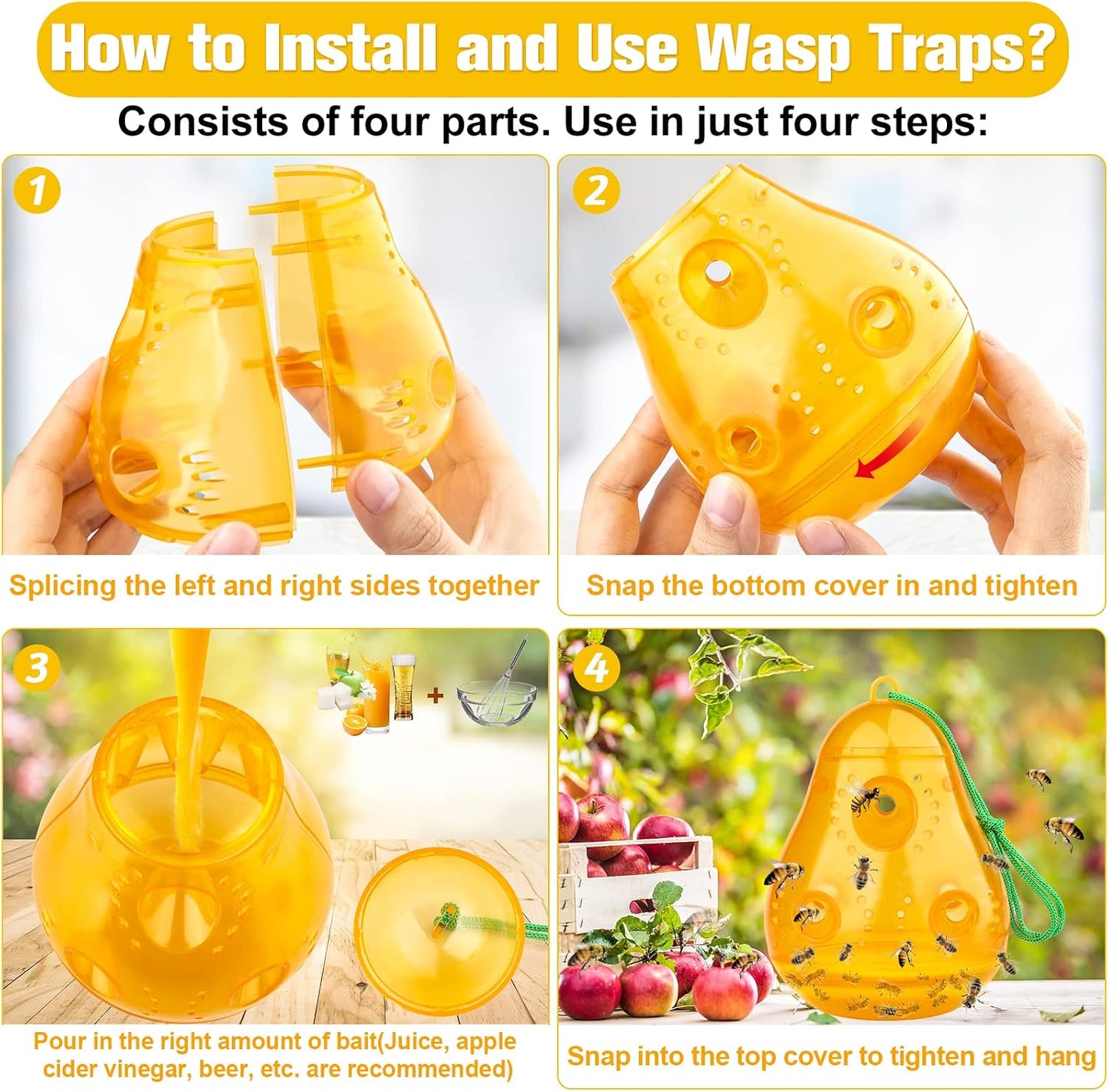 JNKNT Wasp Trap Bee Catcher, Outdoor Hanging Wasp Trap, Reusable Hornet & Yellow Jacket Trap, 2 Pack (Pear Shape - Orange)