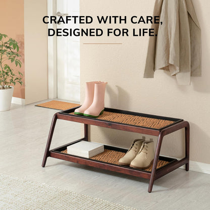 Anji Mountain Heavy Duty Waterproof Wooden Shoe Storage Mat Organizer/Boot Storage Tray Multi Use for Entryway with Coir, Gray and Ivory Insert, 1 Tier, Fits 2 Pair (26.5" Wide)