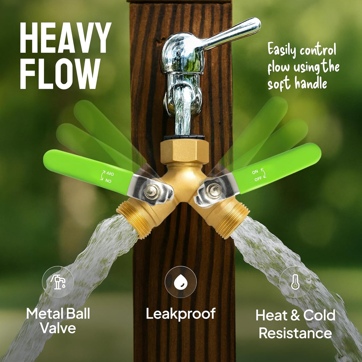 2 Way Hose Splitter Heavy Duty - Metal Y Garden Hose Splitter with Shutoff Valves, Brass Outdoor Faucet Adapter for Spigot, 3/4 Inch GHT Water Hose Connector - Green