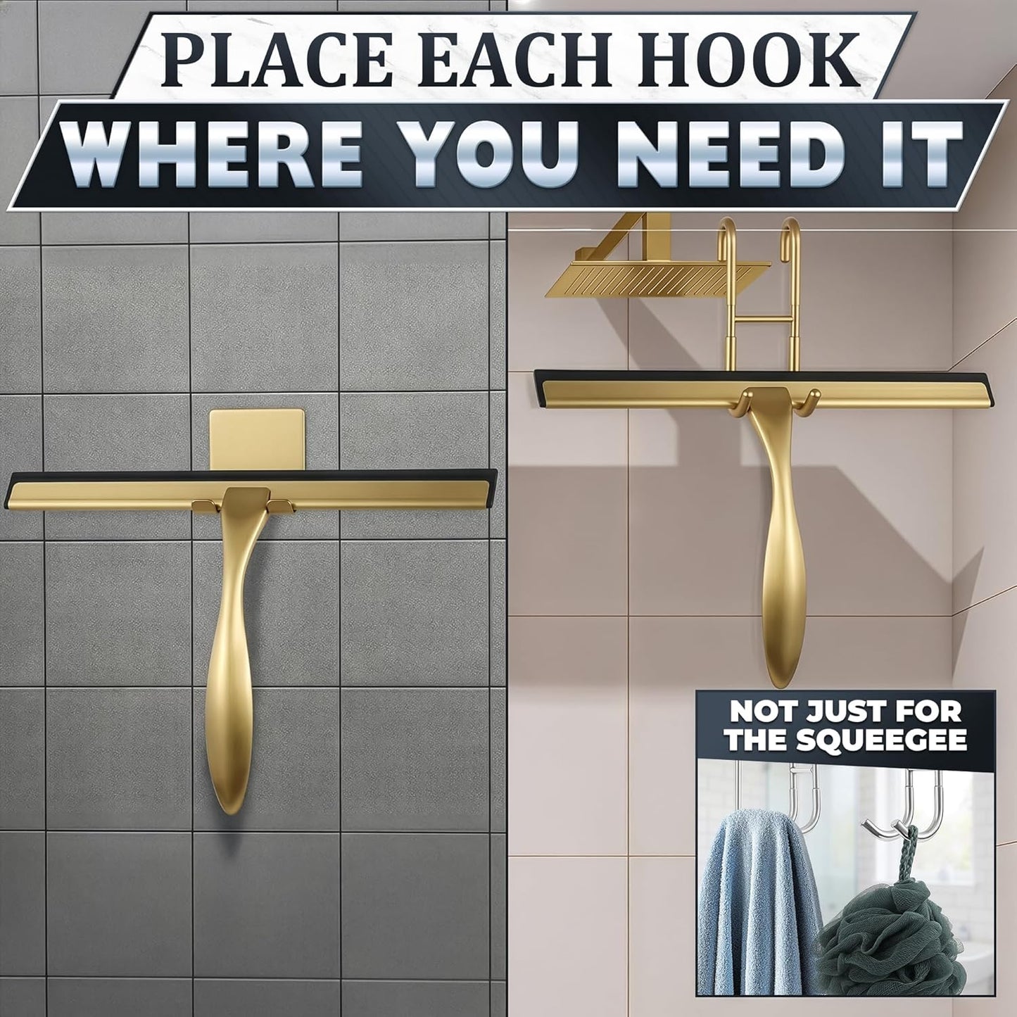 Shower Door Squeegee with Adhesive & Hanging Hooks, 12" Silicone Blade - Stainless Steel All-Purpose Squeegee for Shower Glass, Bathroom Mirror Cleaner Tool Suitable for Tile Walls - Multi-Surface Use