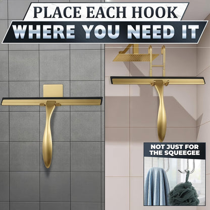 Shower Door Squeegee with Adhesive & Hanging Hooks, 12" Silicone Blade - Stainless Steel All-Purpose Squeegee for Shower Glass, Bathroom Mirror Cleaner Tool Suitable for Tile Walls - Multi-Surface Use