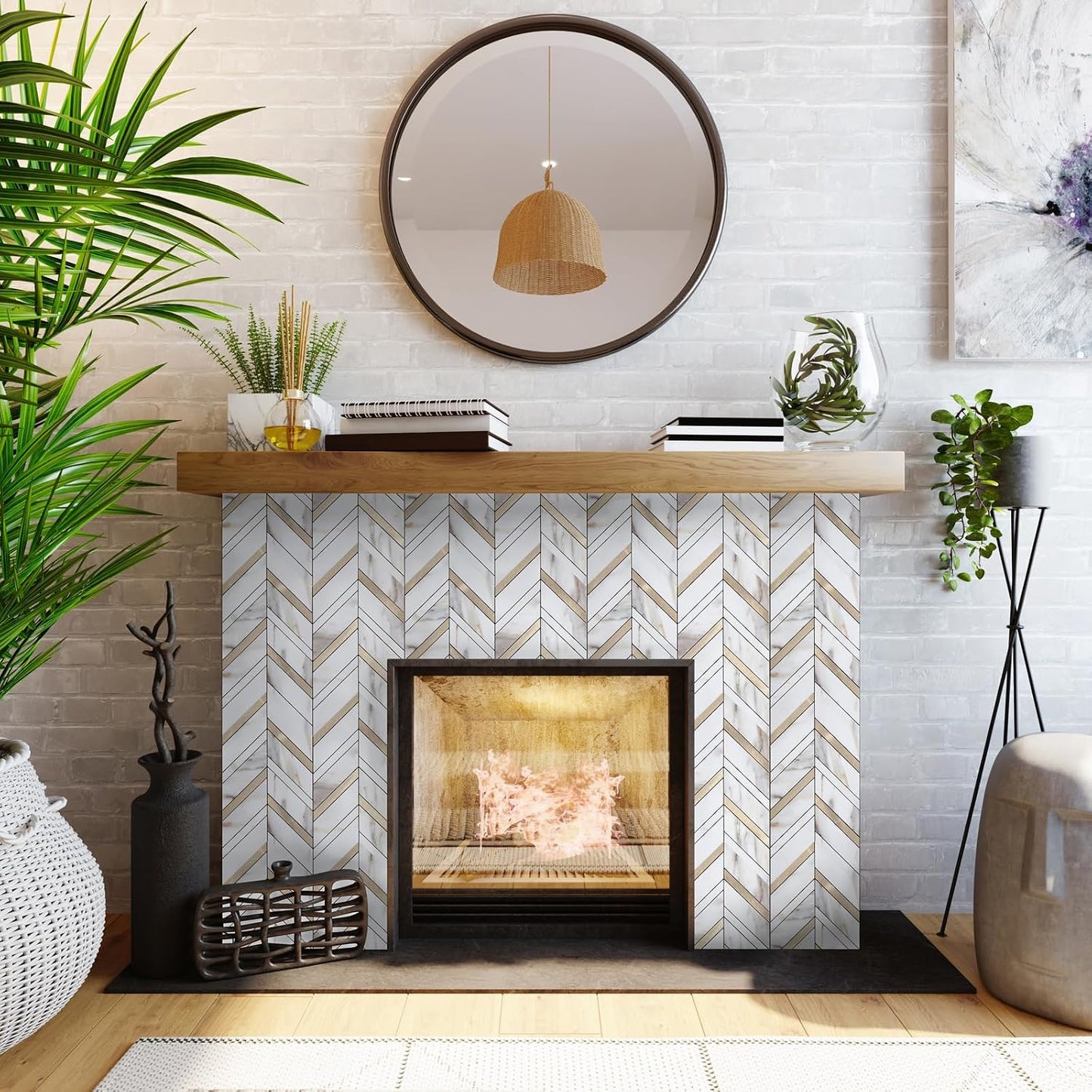 Yipscazo 10-Sheet Herringbone Backsplash Peel and Stick Tile, Polished White PVC Stick on Backsplash for Kitchen, Waterproof Self Adhesive Wall Tile for Bathroom