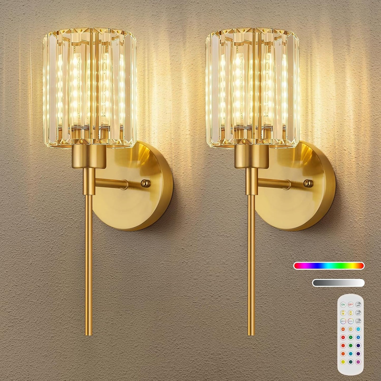 Crystal Battery Operated Wall Sconces, Brushed Gold Rechargeable Wireless Wall Sconce Lights with Dimmable Bulbs and Remote, 12 Colors and 3CCT Dimmable Crystal Lamps for Living Bedroom, 3000~6000K