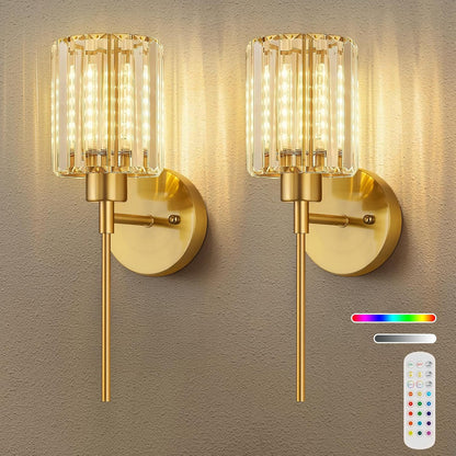 Crystal Battery Operated Wall Sconces, Brushed Gold Rechargeable Wireless Wall Sconce Lights with Dimmable Bulbs and Remote, 12 Colors and 3CCT Dimmable Crystal Lamps for Living Bedroom, 3000~6000K