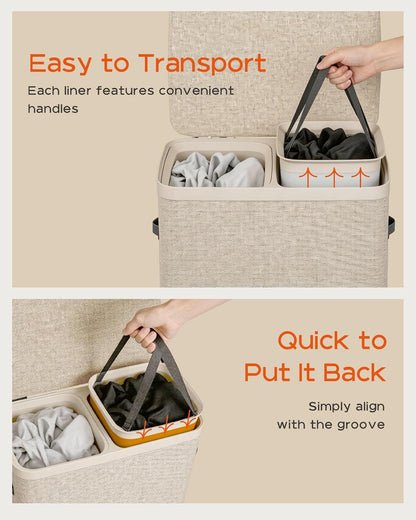 CASAMAYA Laundry Basket with Lid, Laundry Hamper 3 Section, 190L collapsible Laundry Organizer, Easy Assembly, with Handles and Removable Liners, 25.2 x 15.7 x 29.5 Inches, Beige JSP904M