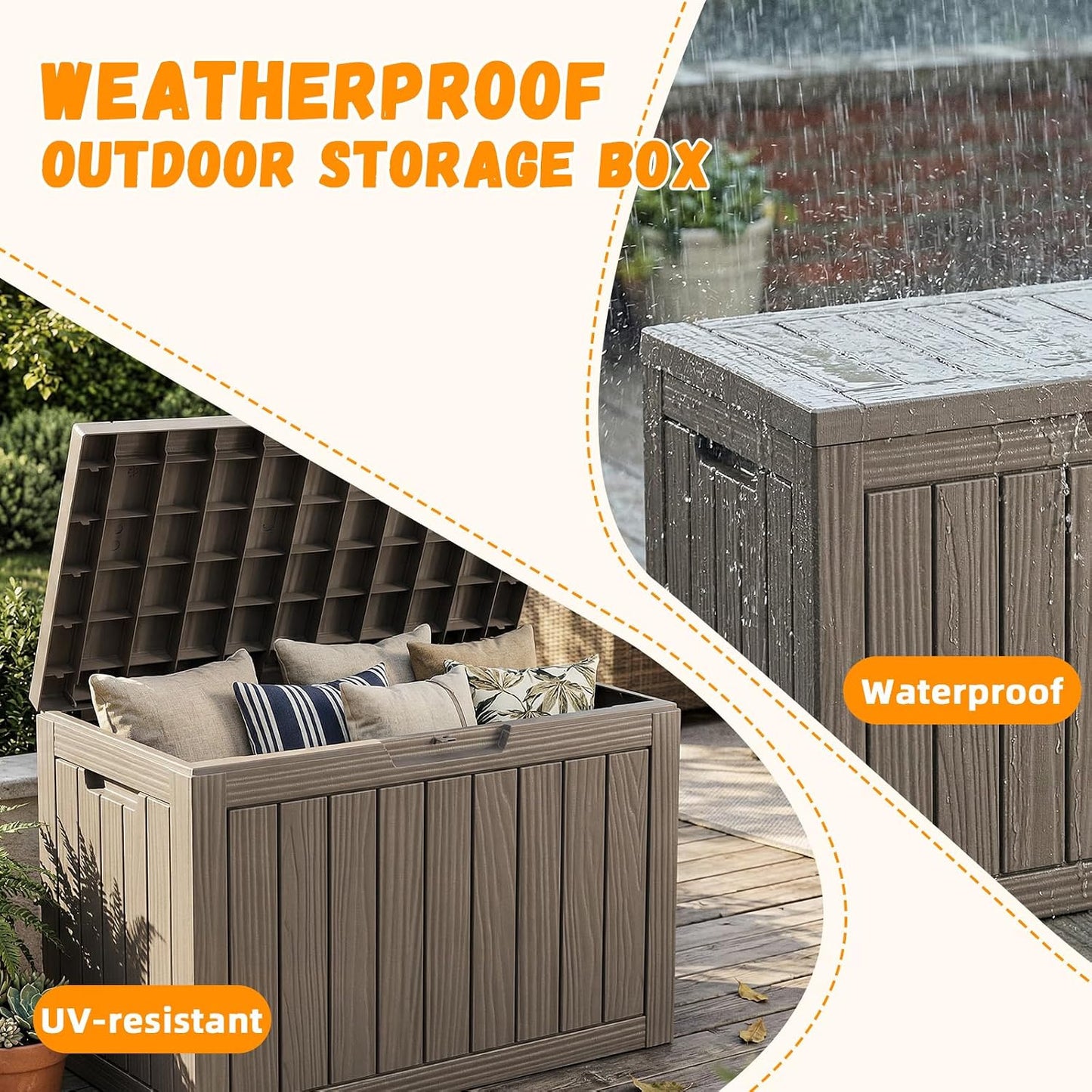 ROJIK 55Gal Outdoor Storage Box Waterproof Deck Box | Heavy-duty UV-resistant resin, space-saving for balcony/patio, stores cushions/tools/pool gear, lockable lid as table/bench
