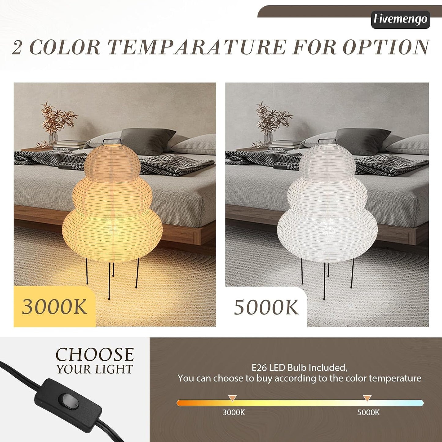 Paper Floor Lamp, White Rice Paper Lantern Lights with 3CCT Bulb, Japanese Japandi Wabi Sabi Cozy Lantern Noguchi Floor Lamp for Bedside Nightstand Bedroom Office Living Room, 1 Pack