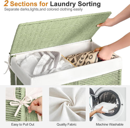 WOWLIVE Double Laundry Hamper with Lid, Handwoven Rolling Laundry Basket with Wheels, 115L Dirty Clothes Hamper with Removable Liner Bag Large Capacity Laundry Sorter Laundry Room Organization,Natural