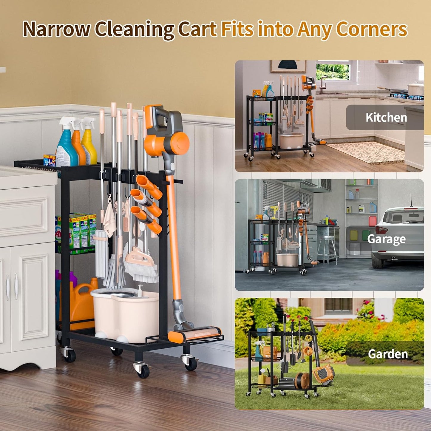 Broom Holder with Cleaning Supplies Organizer Load 160 LBS Cleaning Cart with Wheels Broom Closet Storage with 6 Mop Hanger Grippers, 3 Double-Hooks, Vacuum Stand for Laundry Garage Organization