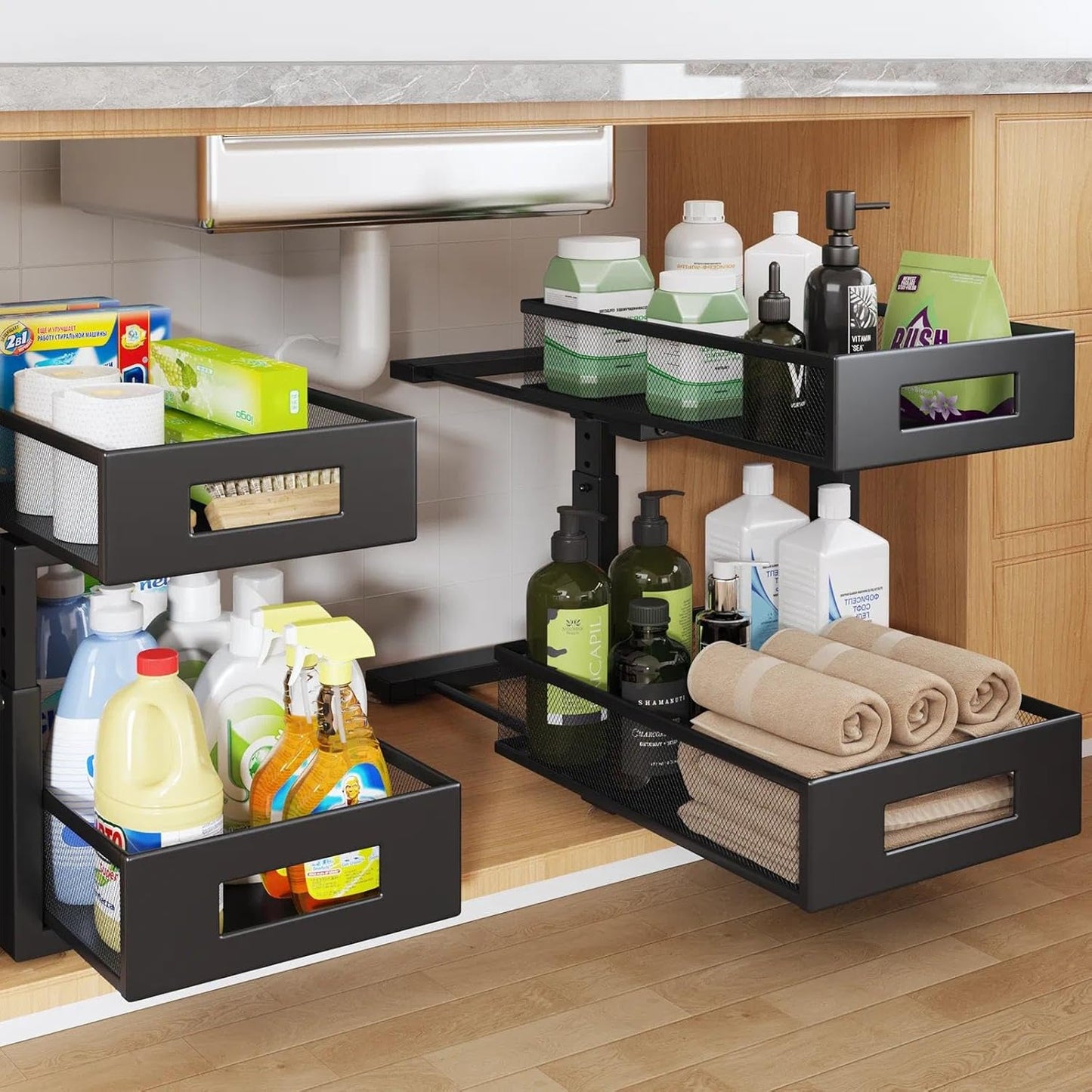 Under Sink Organizer, 2-Tier Dual Pull Out Cabinet Organizer Drawers With Smooth Circular Rail, Large Capacity Metal Mesh Sliding Shelves For Bathroom& Kitchen Storage,Height Adjustable–White,2 Packs