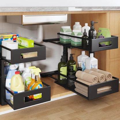 Under Sink Organizer, 2-Tier Dual Pull Out Cabinet Organizer Drawers With Smooth Circular Rail, Large Capacity Metal Mesh Sliding Shelves For Bathroom& Kitchen Storage,Height Adjustable–White,2 Packs