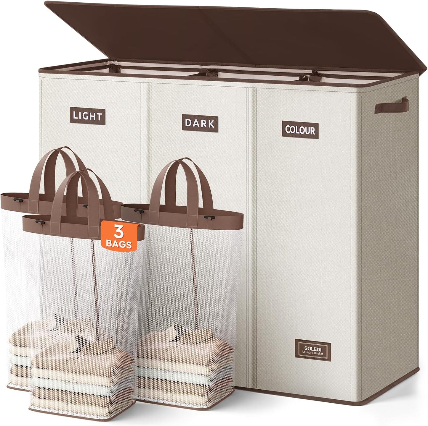 SOLEDI 180L Laundry Hamper 3 Section, Extra Large Laundry Hamper with Lid, Dirty Clothes Hamper with Sturdy Handle, Large Laundry Basket Organizer for Laundry Room, Bedroom, Hampers for Laundry