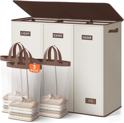 SOLEDI 180L Laundry Hamper 3 Section, Extra Large Laundry Hamper with Lid, Dirty Clothes Hamper with Sturdy Handle, Large Laundry Basket Organizer for Laundry Room, Bedroom, Hampers for Laundry