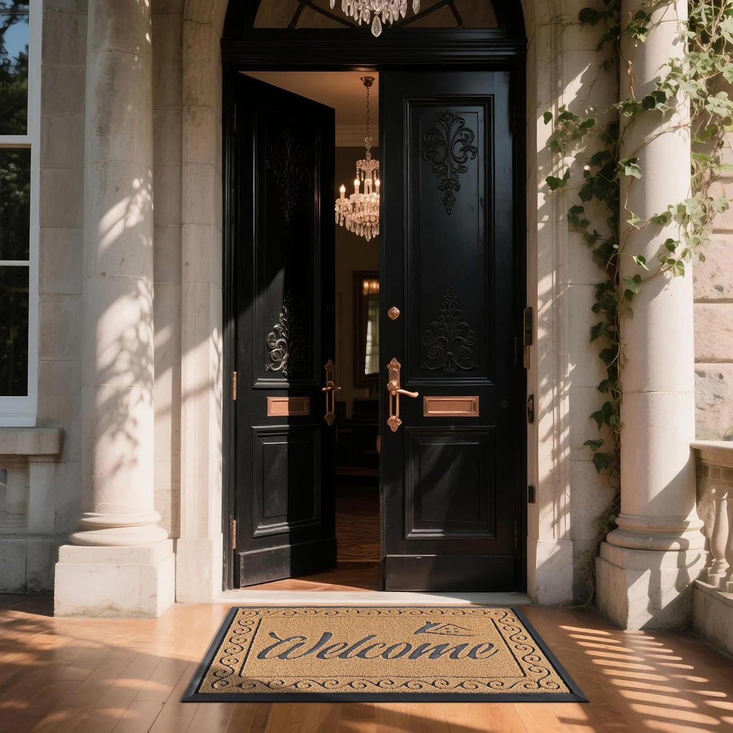 Yimobra Welcome Mat, Heavy Duty Sturdy Door Mats for Home Entrance Outdoor Indoor, Front Doormat for Outside Patio Floor Entry Porch Garage Office, Waterproof, Low Profile, 29.5x17, Black Grey