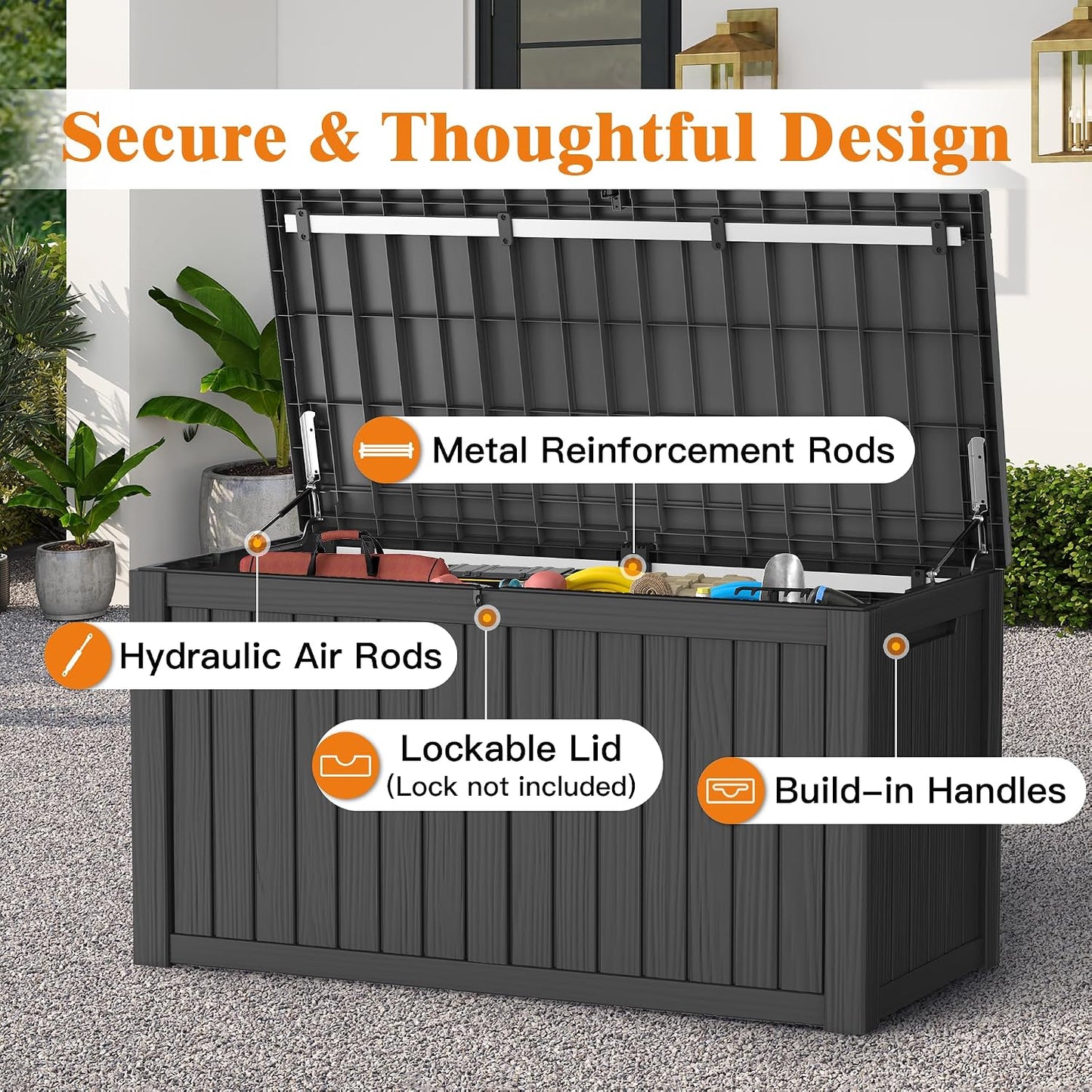 Outdoor Storage Box, 50 Gallon Waterproof Deck Storage Box, Lockable Patio Storage Bins for Package Delivery, Porch, Garden Tool, Cushions, Anti-Theft Weatherproof & UV-Resistant Parcel Drop Box