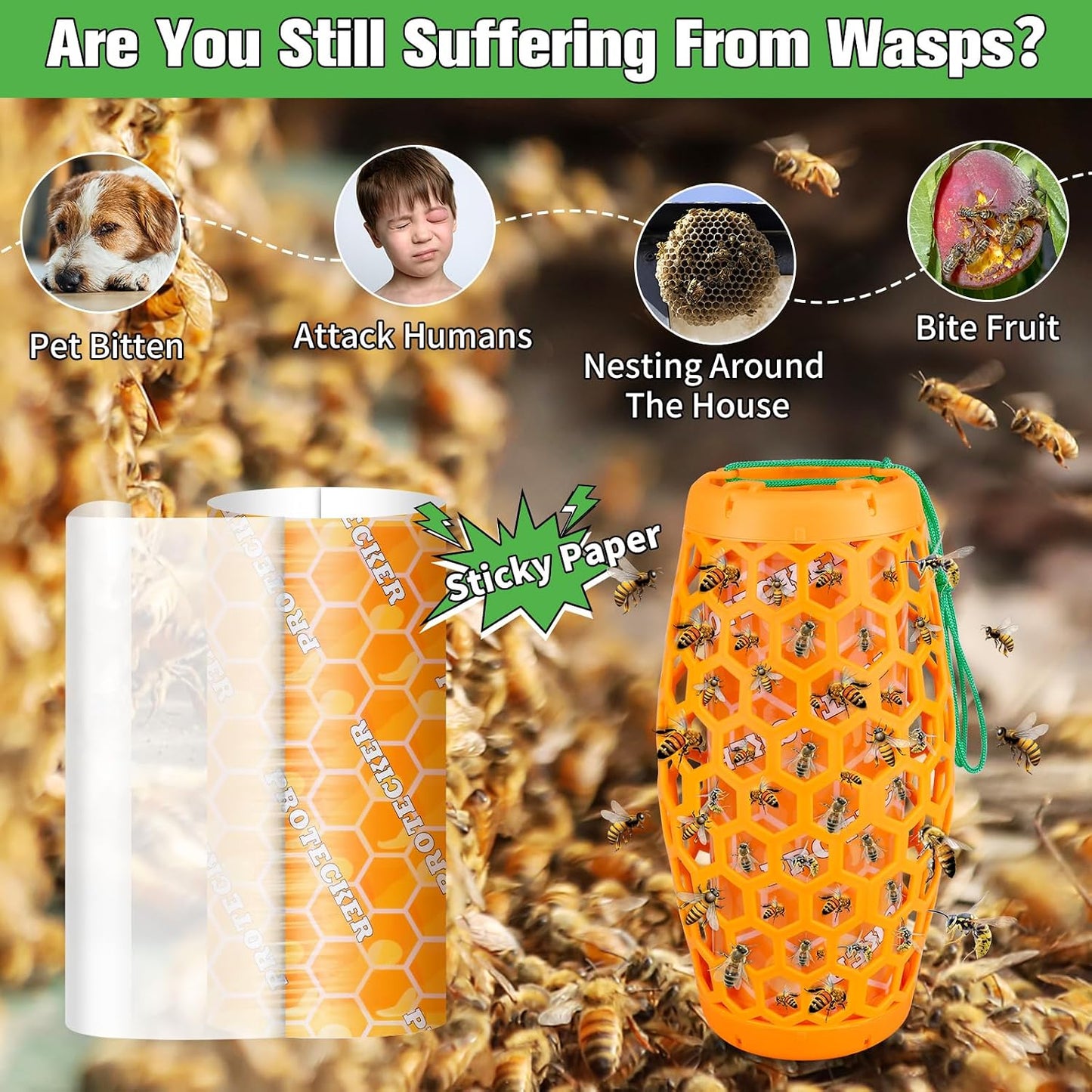 Wasp Trap & Sticky Pads Bundle – 2 Pack Hanging Wasp Trap with 12 Refill Glue Boards for Outdoor Use (Orange)