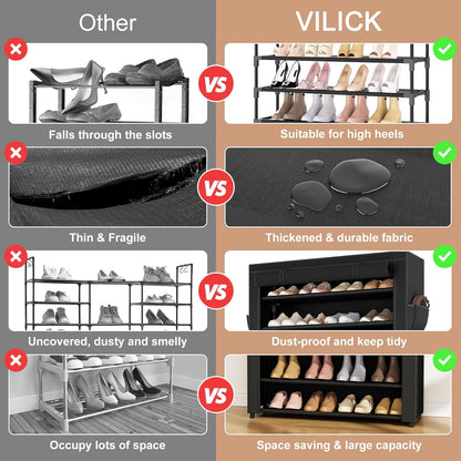 VILICK Shoe Rack with Cover Narrow Shoe Organizer with 4 Side Pockets 10 Tier Tall Shoe Storage Holds 18-22 Pairs Shoes and Boots Shoe Rack for Closet Entryway Garage