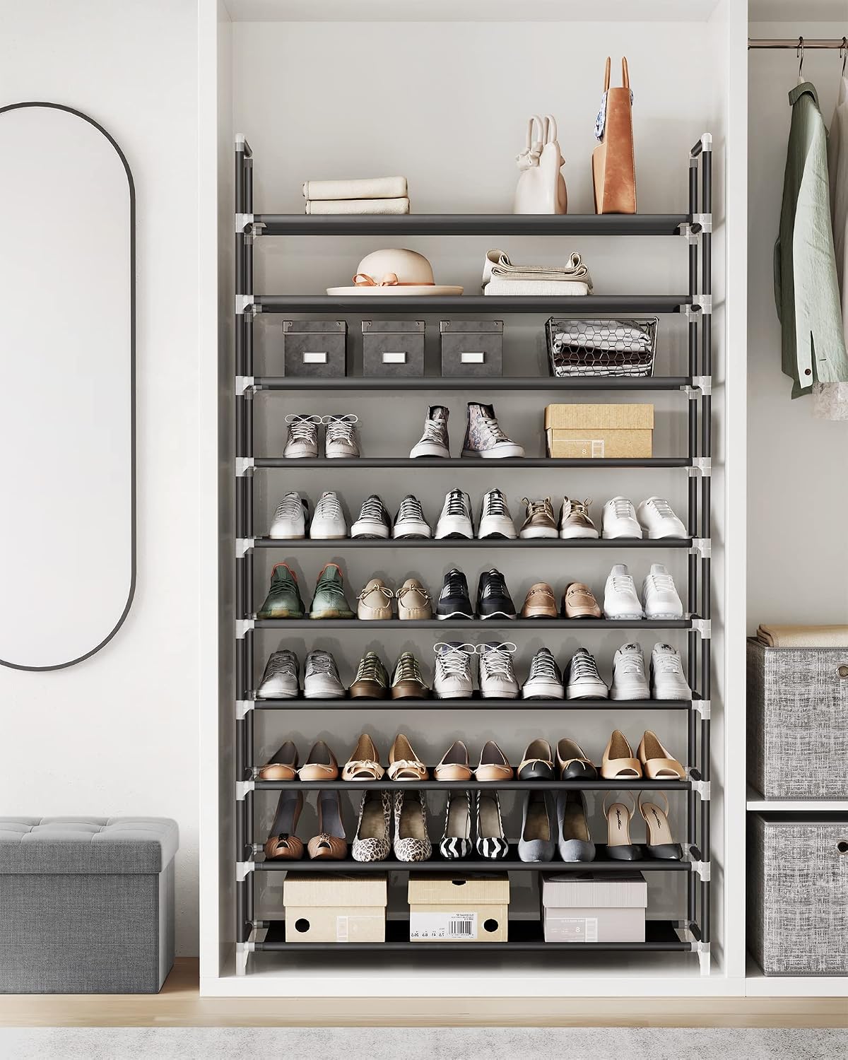 SONGMICS Shoe Rack, 10-Tier Shoe Shelf, Shoe Storage Organizer, 11 x 17.7 x 68 Inches, Metal Frame, Non-Woven Fabric Shelves, for Entryway, Bedroom, Black ULSH010B02
