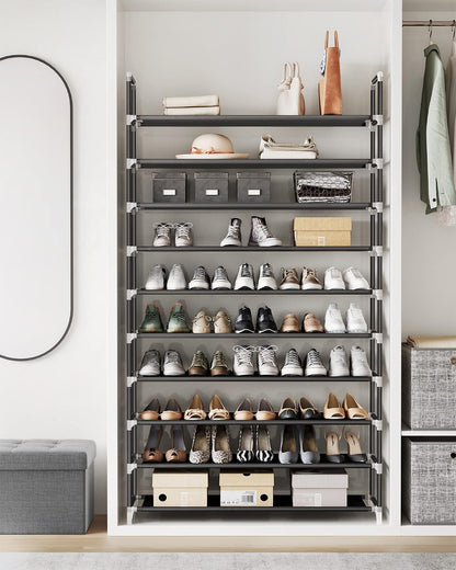 SONGMICS Shoe Rack, 10-Tier Shoe Shelf, Shoe Storage Organizer, 11 x 17.7 x 68 Inches, Metal Frame, Non-Woven Fabric Shelves, for Entryway, Bedroom, Black ULSH010B02