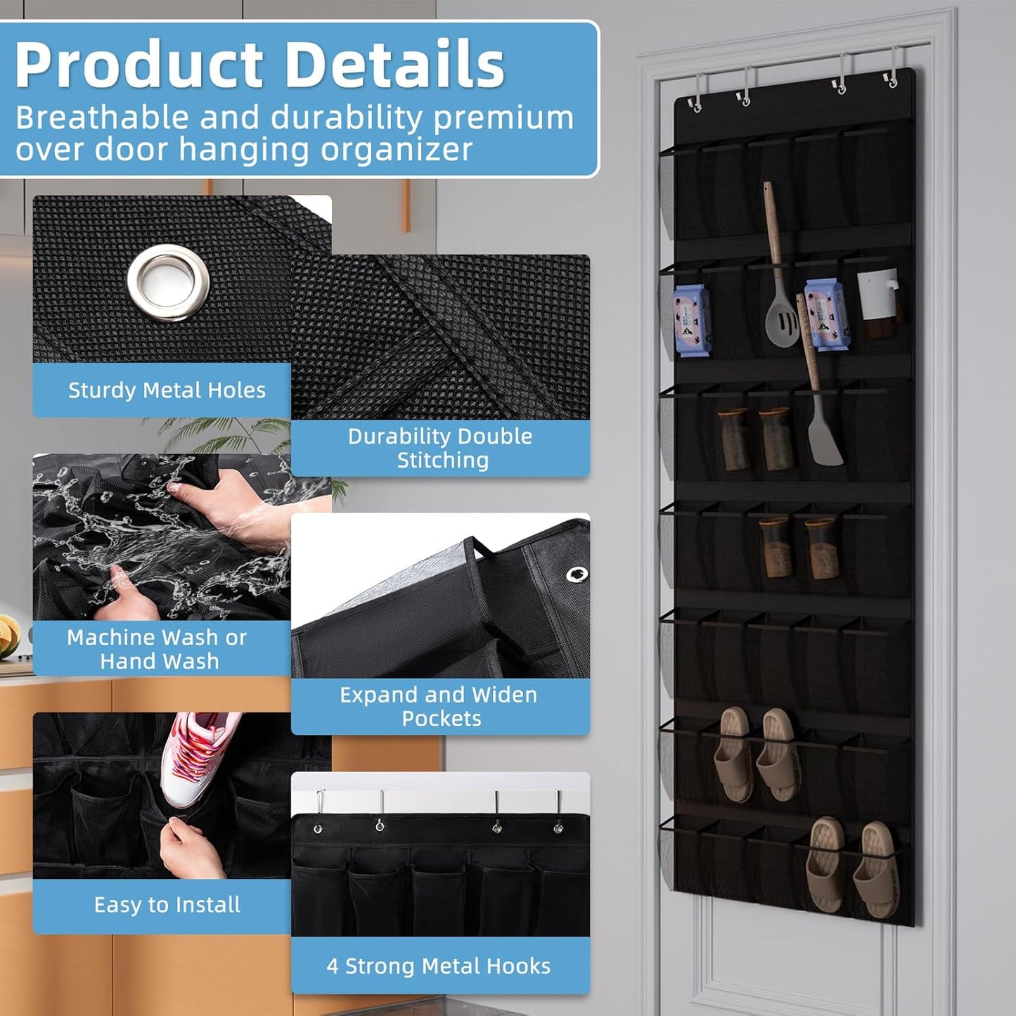 Aisoso Over the Door Shoe Organizer with 35 Large Breathable Mesh Pockets and 4 Metal Hooks Space Saving Hanging Storage Holder for Men's and Women's Shoes, Accessories, Black