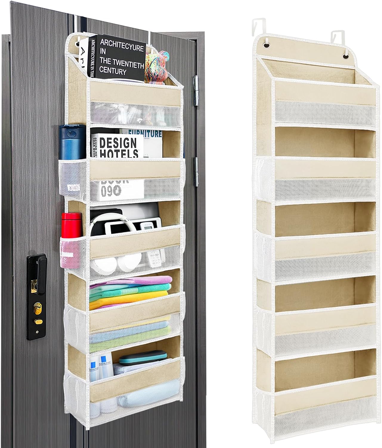 Over The Door Organizer with LifetimeWarranty, 4 Shelves & 4 Side Pockets, Large Storage Rack Holds 44lb, Heavy-Duty Reinforced Mesh Shelf for Bathroom, Closet, Toy Organization, Shoes, Towels, Grey