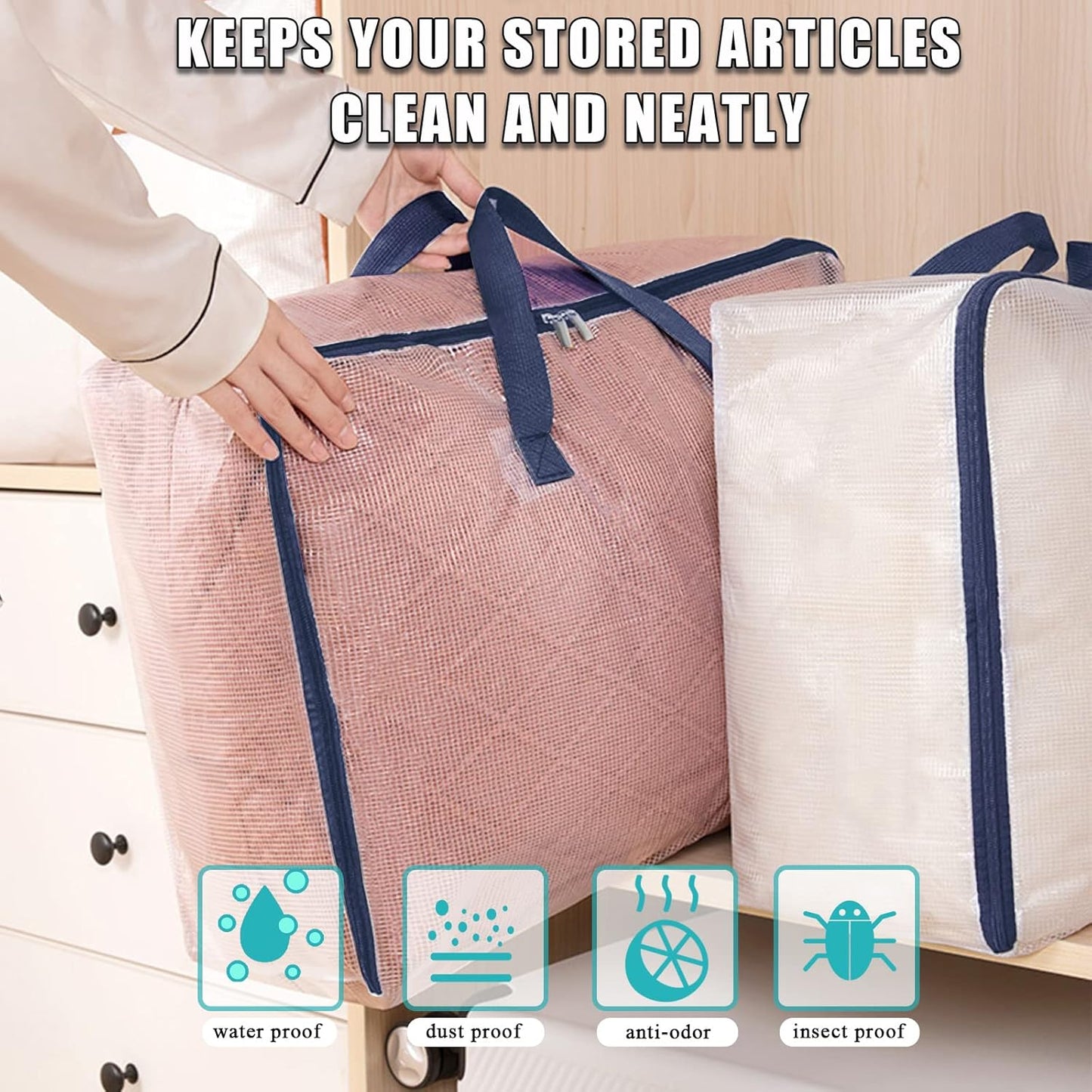 Clear Storage Bags with Zipper, 75L Extra Large Capacity - Closet, Underbed Storage Organizer for Clothes, Bedding, Comforter, Pillow & Blanket (2)