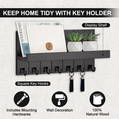 Key Holder for Wall, Decorative Key Holder with Shelf, Key and Mail Holder Wall Mount, Farmhouse Decor with 5 Key Hooks for Keys, Coats, ect.