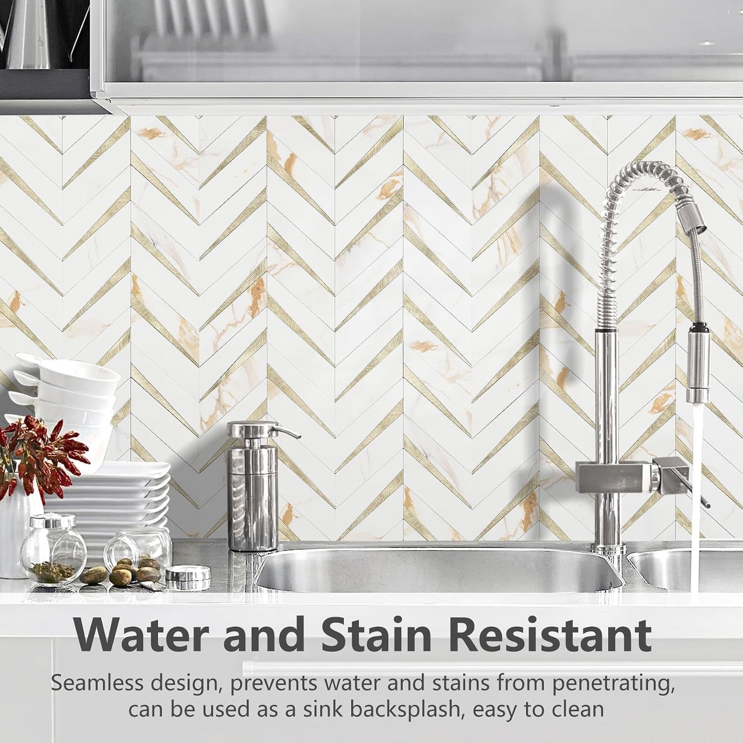 STICKGOO 10-Sheet Herringbone Tile Peel and Stick Backsplash, Beige Mixed Metal Gold PVC Stick on Backsplash, Self Adhesive Wall Tile for Kitchen and Bathroom