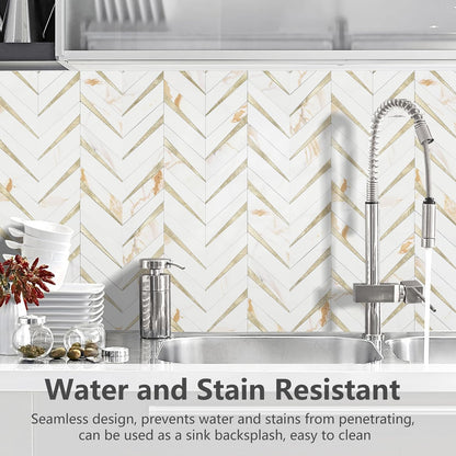 STICKGOO 10-Sheet Herringbone Tile Peel and Stick Backsplash, Beige Mixed Metal Gold PVC Stick on Backsplash, Self Adhesive Wall Tile for Kitchen and Bathroom