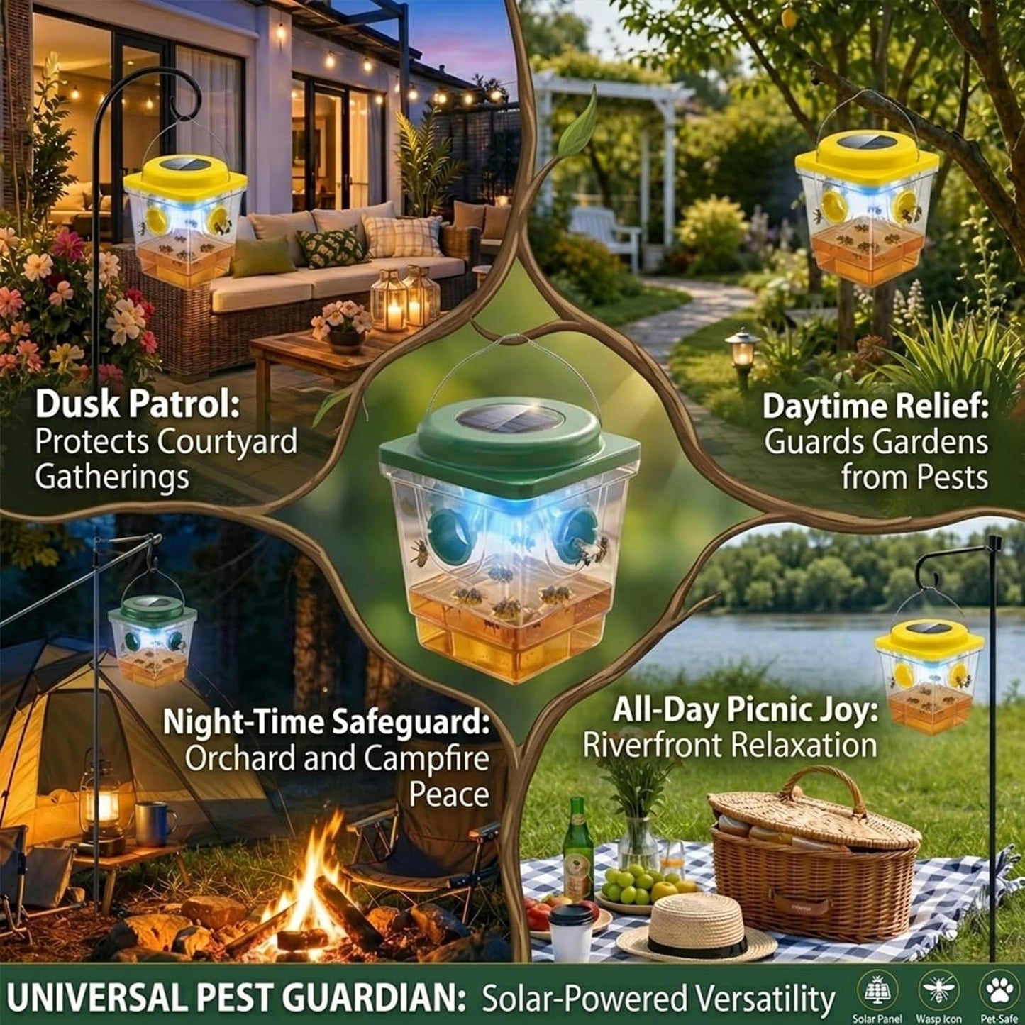 4 Pack Solar Wasp Traps Outdoor Hanging: Reusable Yellow Jacket Traps with LED Light - Effective Solar Powered Carpenter Bee Traps for Deck - Waterproof Wasp Deterrent for Garden & Yard (4)