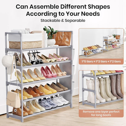 VILICK 5 Tier Shoe Rack with Hook and Side Pocket,Shoe Organizer Space Saver Storage for 20-25 Pair Shoe Storage Shelf Sturdy Free Standing Long Shoe Rack Organizer for Closet,Entryway,Small Spaces