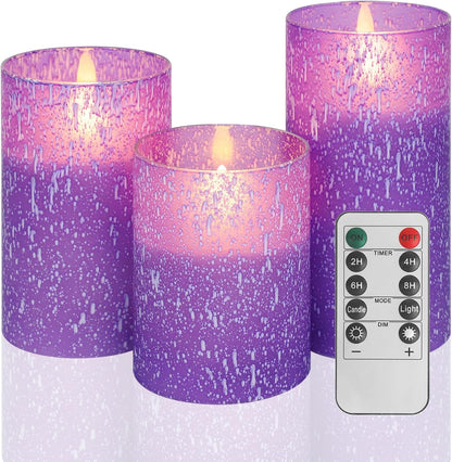 Blue Flameless Candles with Remote, Real Wax Glass Battery Operated Candles with Timer, LED Pillar Candle for Bedroom Home Wedding Birthday Party Fall Halloween Christmas Decorations, Set of 3