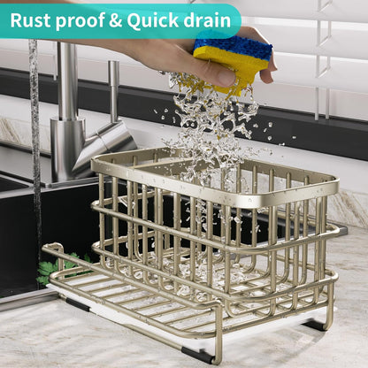 HapiRm Kitchen Sink Organizer, SUS304 Stainless Steel Rustproof Multifunctional Large Sink Caddy with Sponge Holder and Drain Tray for Kitchen Countertop (Silver)