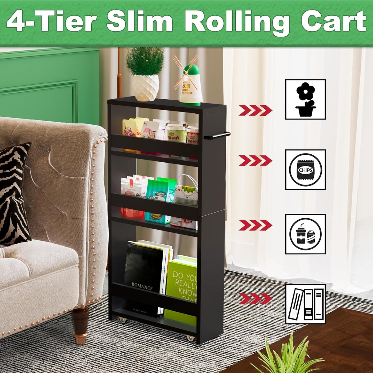 MARTY Slim Rolling Storage Cart 4-Tier Kitchen Cart with Wheels, Laundry Room Storage with Handle Slide Out Utility Cart Shelving Unit Organizer Trolley for Narrow Places Bathroom Small Corner, Black