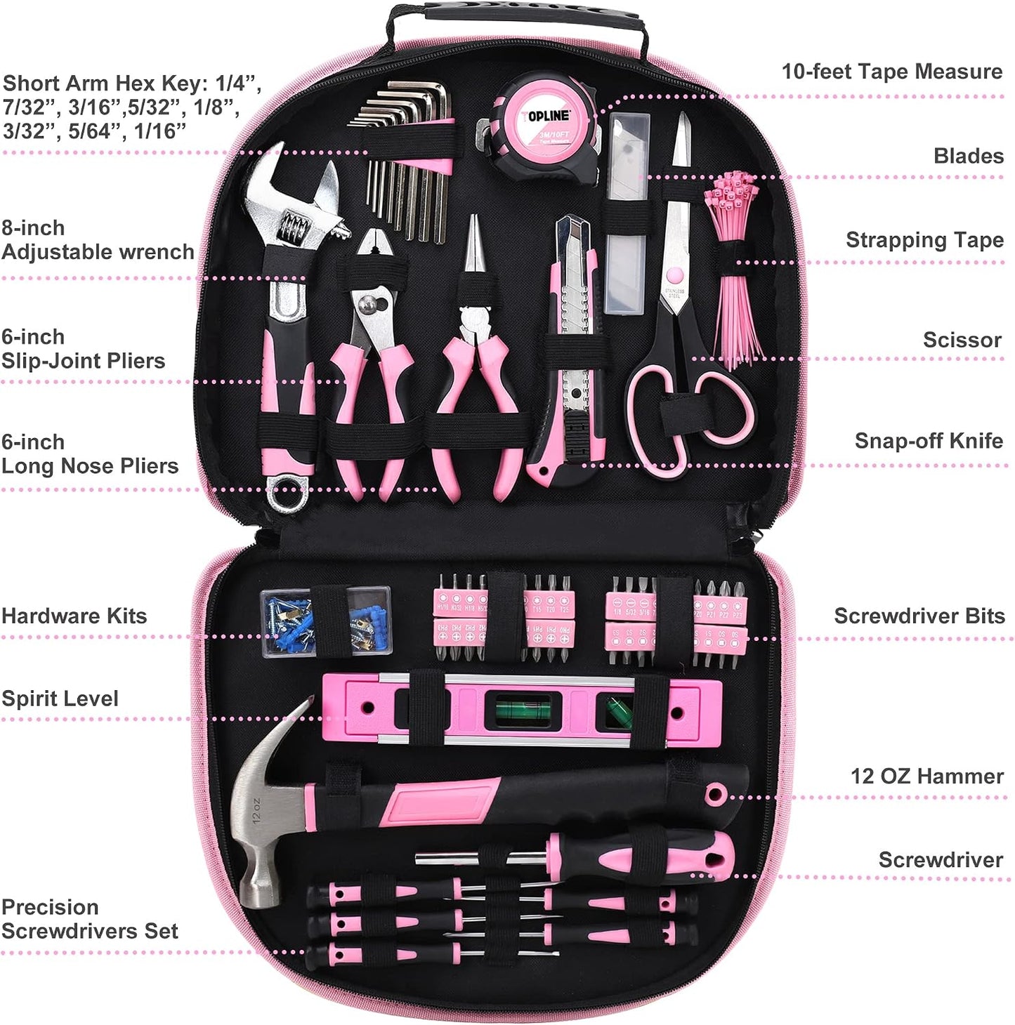 TOPLINE 208-Piece Pink Tool Kits for Women with Round Pouch, Small Tools Kit for Apartment, Home, Household Ladies Pink Tool Set for Best Gifts and Home Maintenance