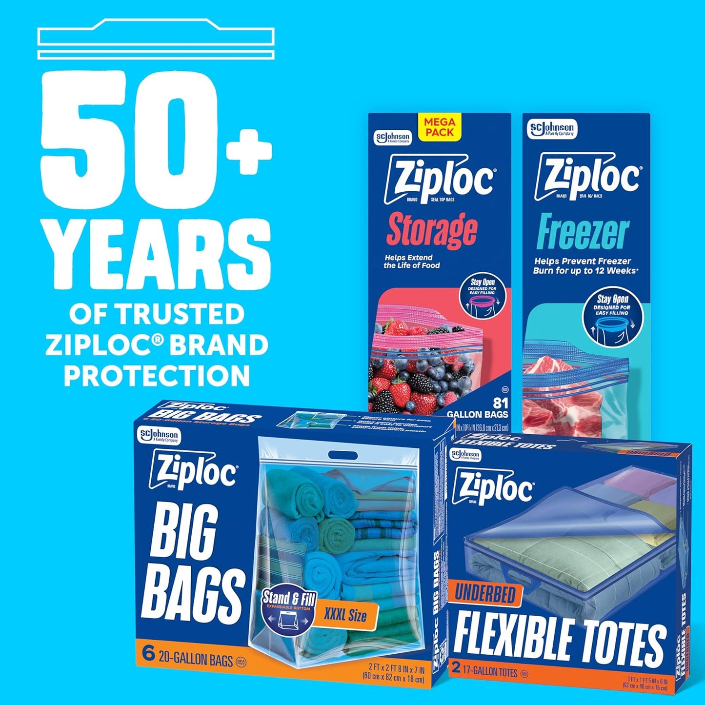 Ziploc Flexible Totes, X-Large Size, 22 Gallon, 2 Count Organizing Tote with Zipper and Built‑In Handles, Flexible & Stackable Clothing and Home Storage Bag
