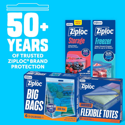 Ziploc Flexible Totes, X-Large Size, 22 Gallon, 2 Count Organizing Tote with Zipper and Built‑In Handles, Flexible & Stackable Clothing and Home Storage Bag