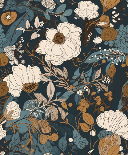 Floral Peel & Stick Wallpaper - Boho Removable Wallpaper for Bedroom & Bathroom - Black/Sand/Oliva - Easy Peel Off - Vintage - Renter Friendly - 118.1" X 17.7"