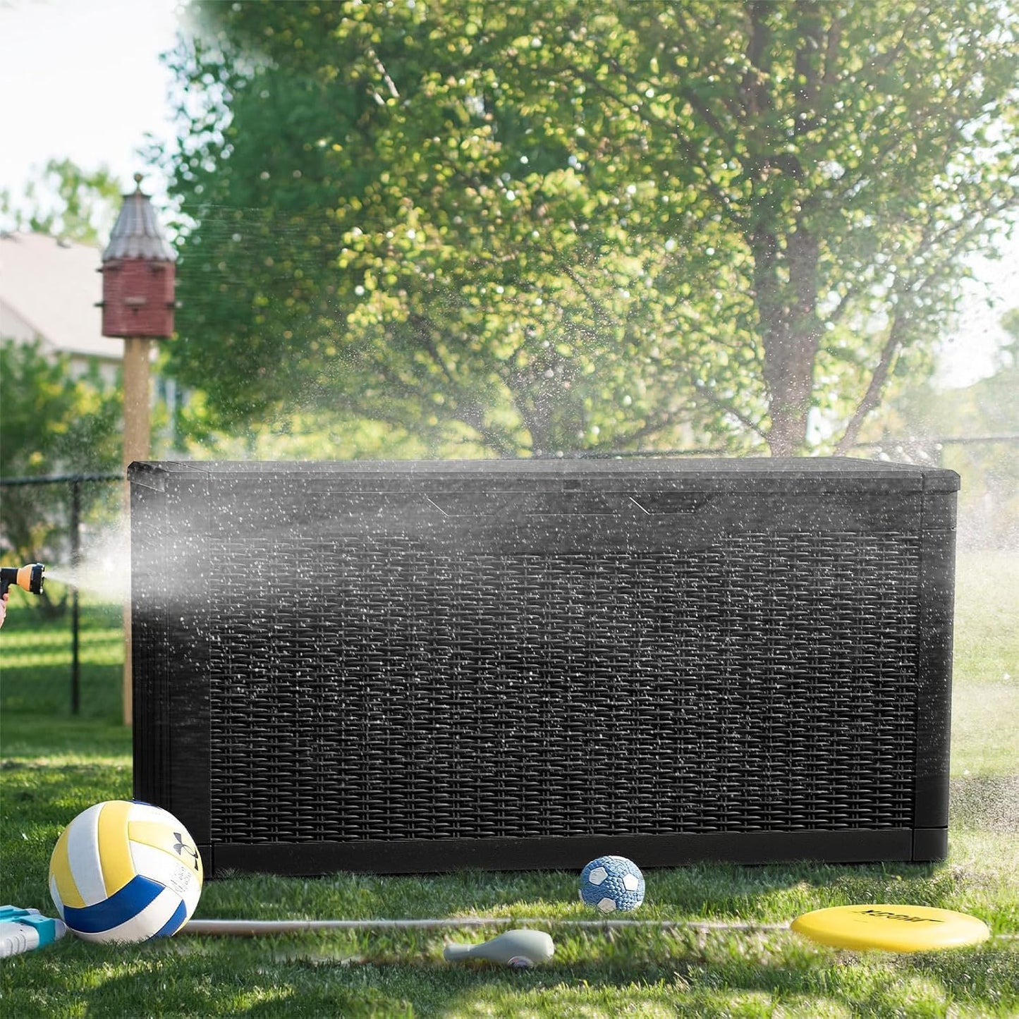 Greesum Outdoor Storage Box 31 Gallon Storage Box with Lid for Patio Furniture, Garden Tools, Pool Supplies, Waterproof and UV Resistant, Lockable, Dark Black