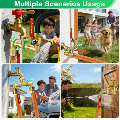 Garden Hose Splitter 3/4" GHT Full Flow 2 Way Brass Hose Splitter Heavy Duty All Metal Hose Y Splitter with Shutoff Outdoor Faucet Water Hose Splitter Y Valve Tap Adapter for Outdoor Garden