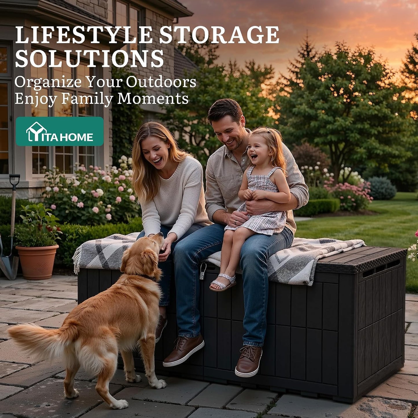 YITAHOME 240 Gallon Large Outdoor Storage Box XXL Resin Deck Box with Lock | Extra-Large Waterproof Patio Furniture Bin and 3-Person Bench Seating for Garden Tools & Pool Accessories, Black